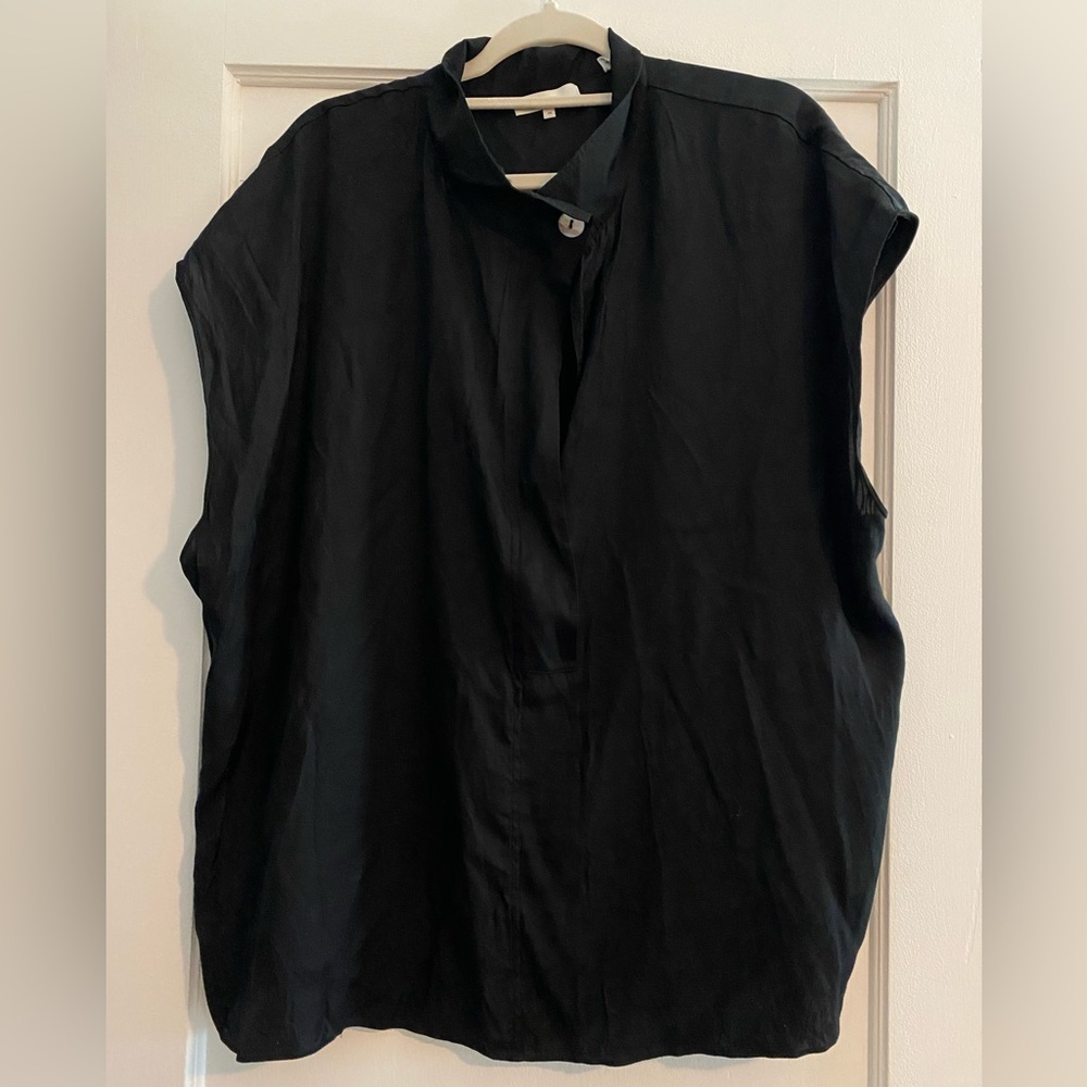 Vince Black Cap Sleeve Silk Blend Neck Button Blouse Size 3X